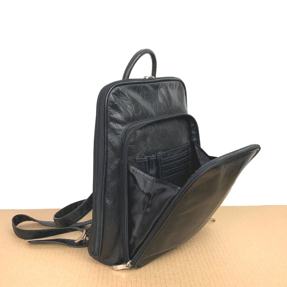 Genuine Leather Medium Black Backpack Organizer Business Travel - Picture 8 of 16